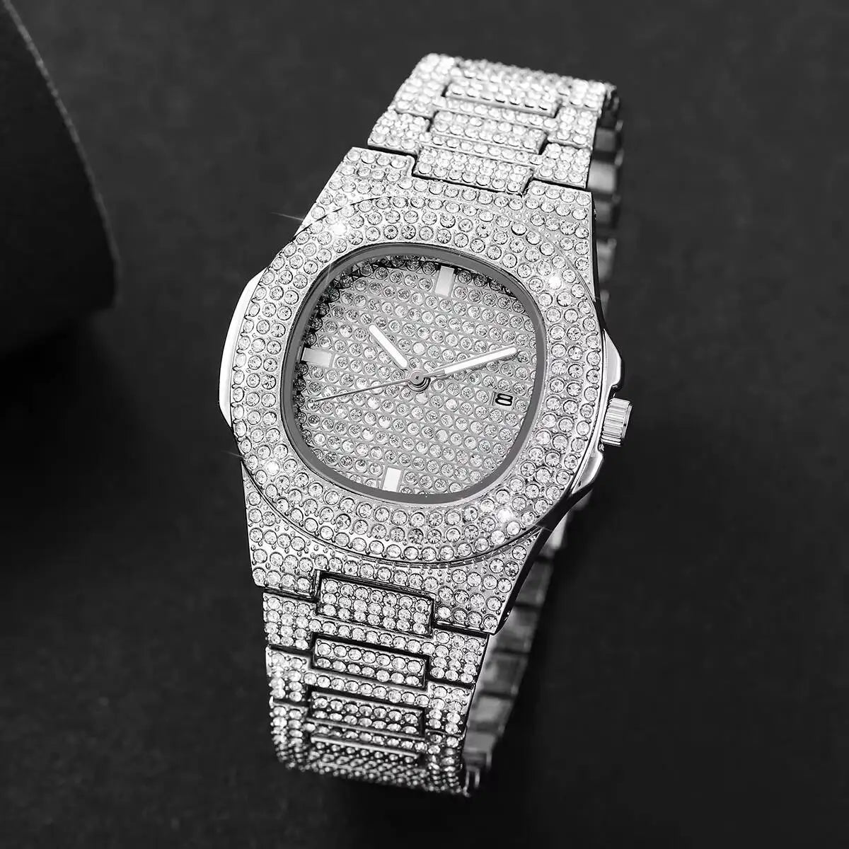 1/2/3PCS Luxury Full Diamond Men's Watches Fashion Hip Pop Quartz Wristwatch with Calendar Jewelry Set