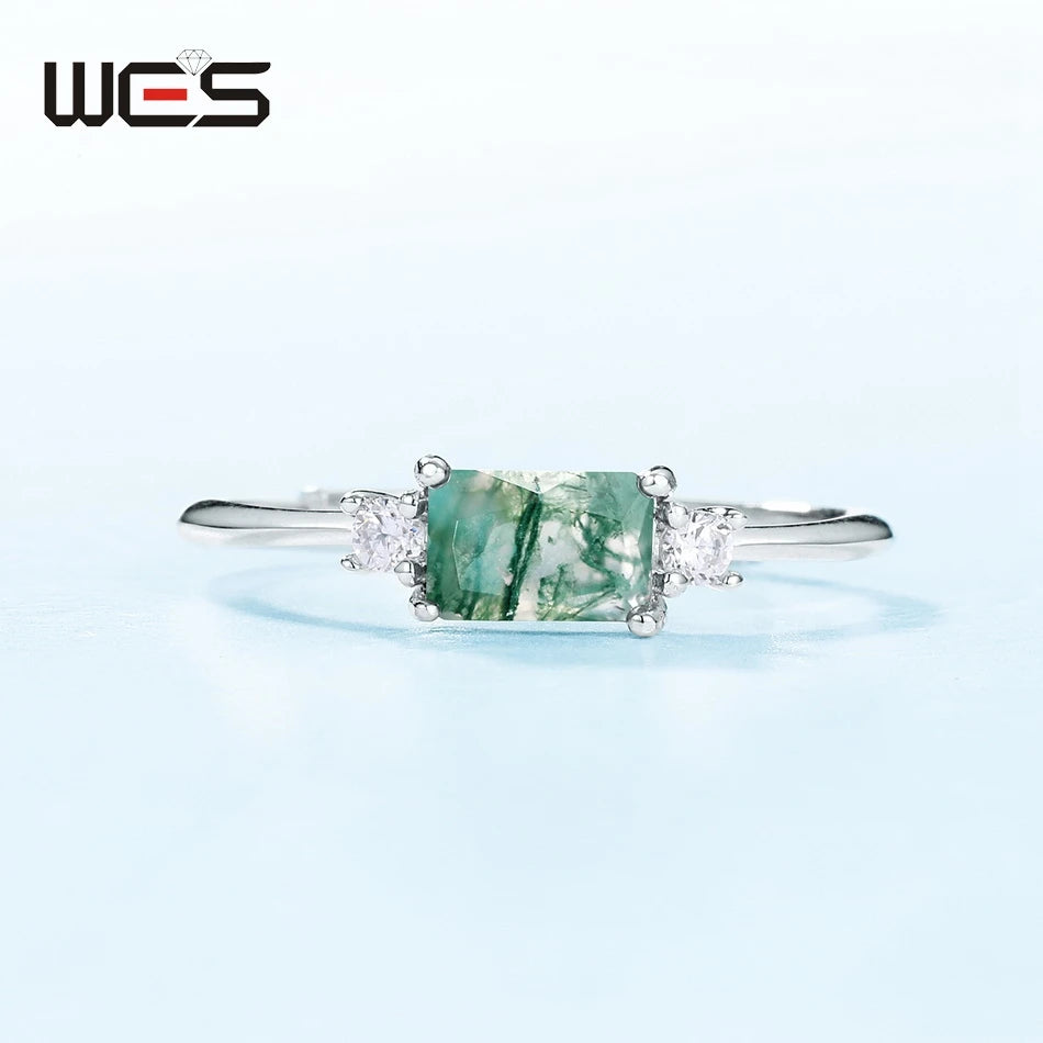 WES 925 Silver Geometric Adjustable Rings for Woman Natural Stone 4*6mm Moss Agate Crystal Wedding Gift Fine Jewelry Wholesale