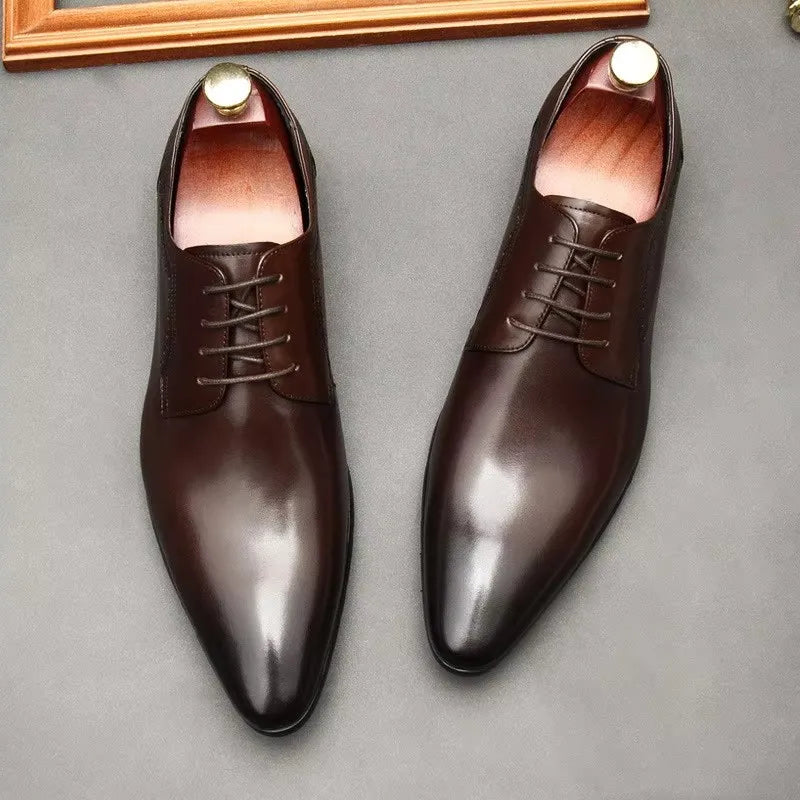 Leather shoes for men, lace up shoes for men, pointy, leather, high-end wedding, dress, Oxford, Lefu shoes, large, British style