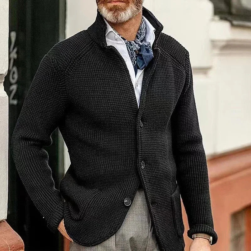 Men's Thicken Knitted Cardigan Sweater Autumn Winter Solid Color Fashion Slim Long-sleeved Stand-up Collar Knitting Jacket Coat