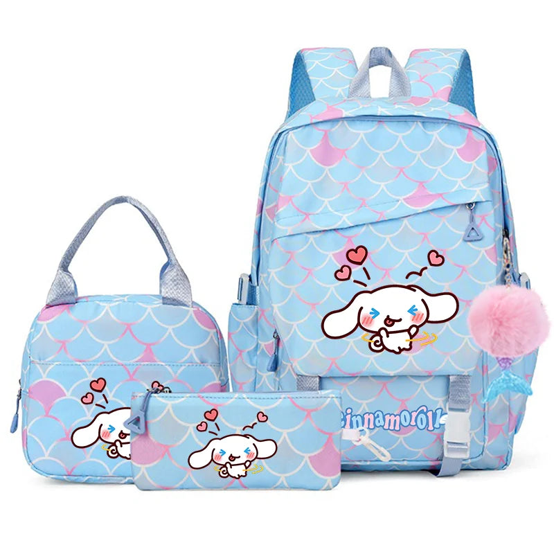 3Pcs Cinnamoroll Fish Scale Kid Backpack With Mermaid Pendant Lunch Girl School Bag Children Schoolbag For Teenage Girls