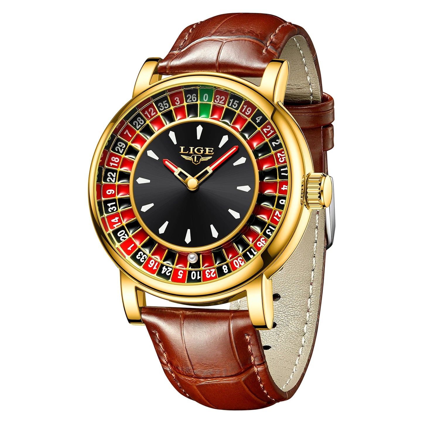 LIGE Quartz Man Watch Fashion Luxury Creative Roulette Game Dial Design Leather Casual Life Waterproof Watches for Men Gifts+Box