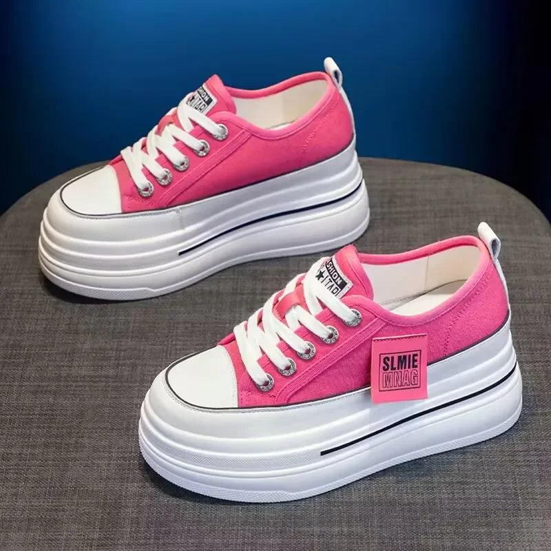 Casual Canvas Shoes 2024 New Women's Solid Color Thick Sole Sports Wedge Heel Height Increasing Breathable Vulcanized Women's