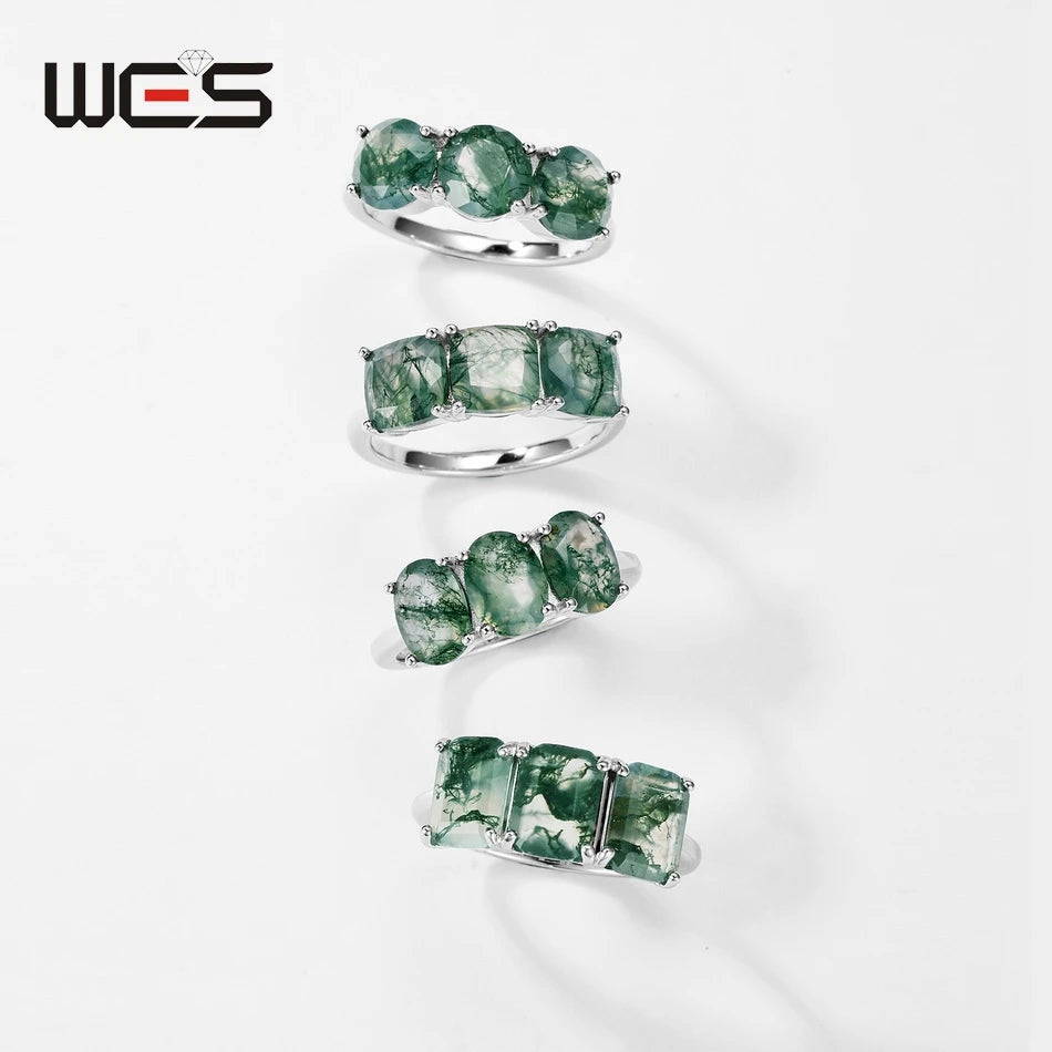WES 925 Sterling Silver Three Stones Natural 6*8mm Moss Agate Ring for Woman Luxury Jewelry Wedding Party Gift Rhodium Plated