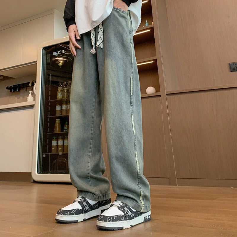 New Men's Blue Jeans Baggy Fit Straight Leg Denim Trousers 2025 Autumn High Street Fashion Y2K Jean Casual pantalones hombre