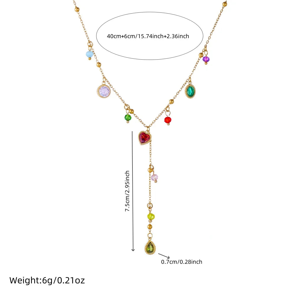 DIEYURO 316L Stainless Steel Color Zircon Heart Round Water Drop Tassel Pendant Necklace Women New Fashion Neck Chain Jewelry