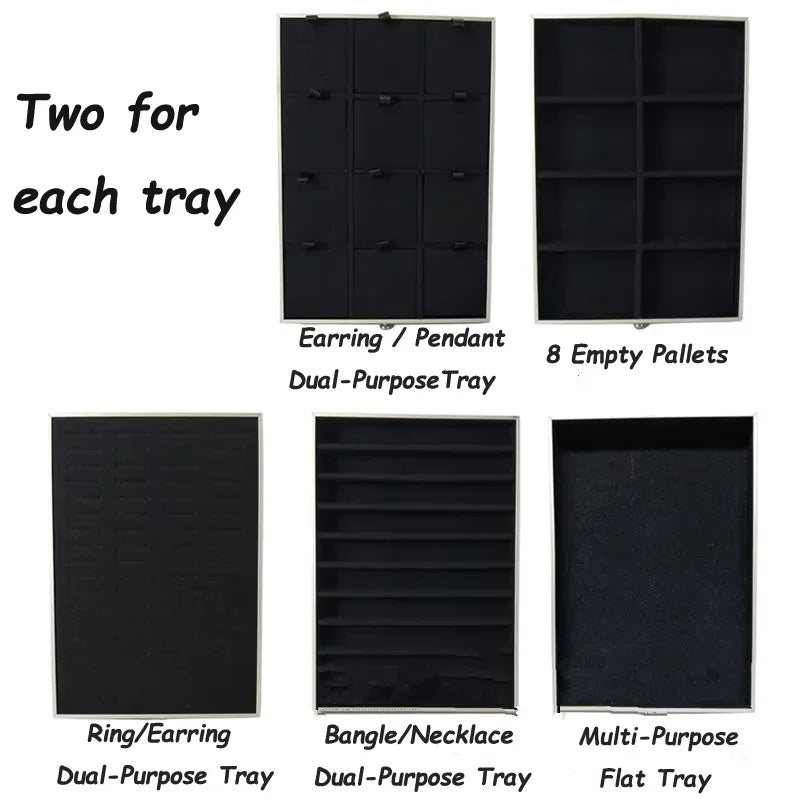 Black Rolling Jewelry Trolley Case with 10 Different Styles of Drawer Trays, for Travel and Vendor Display Jewelry Set Props