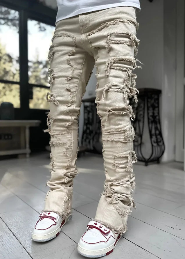 Man Stacked Jeans Elastic Waist Straight Fit Patchworks Denim Long Pants Fringe Ripped Jeans For Men