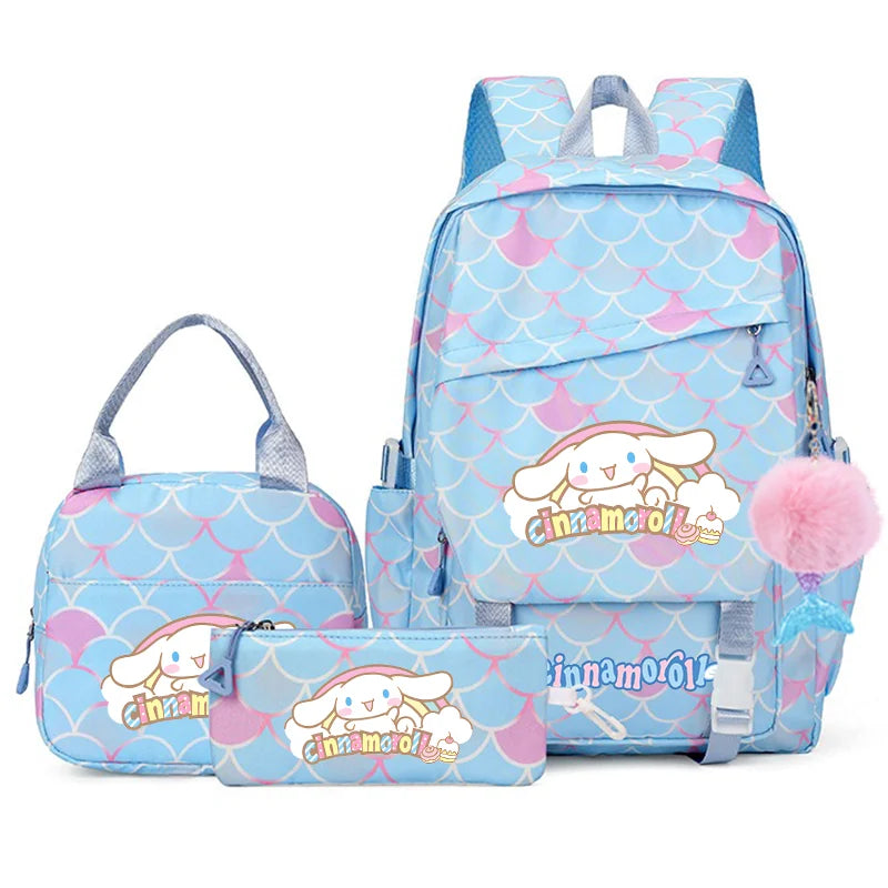 3Pcs Cinnamoroll Fish Scale Kid Backpack With Mermaid Pendant Lunch Girl School Bag Children Schoolbag For Teenage Girls