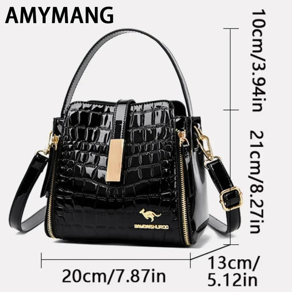 Women Patent Leather Handbag High Quality lnterior Slot Pocket Leather Bucket Bag Female Shoulder Bag Luxury Brand Crossbody Bag