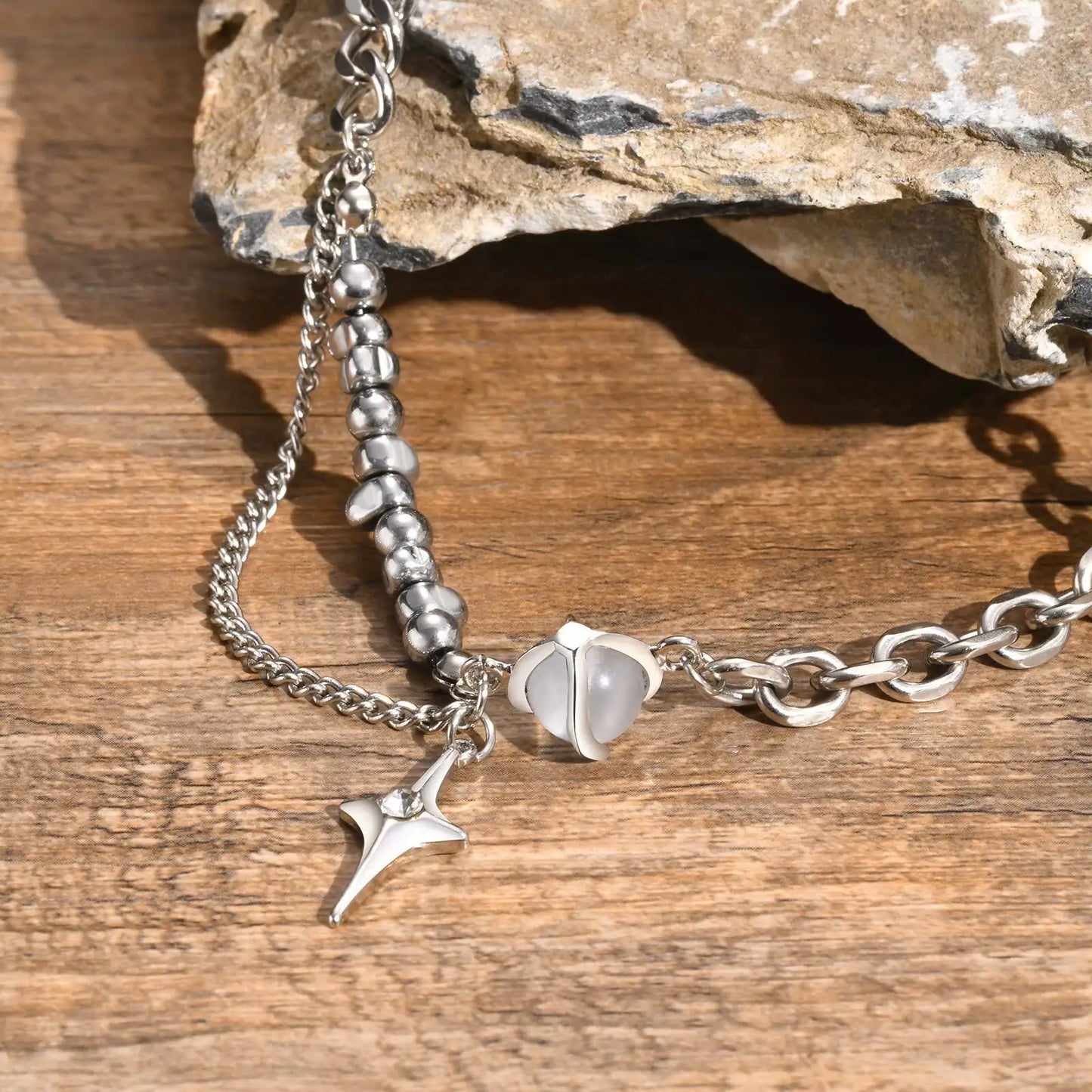 Vnox Unisex Moonstone Cross Necklaces, Four Pointed Star Pendant Necklaces, Men Women Stainless Steel Hip Hop Collar