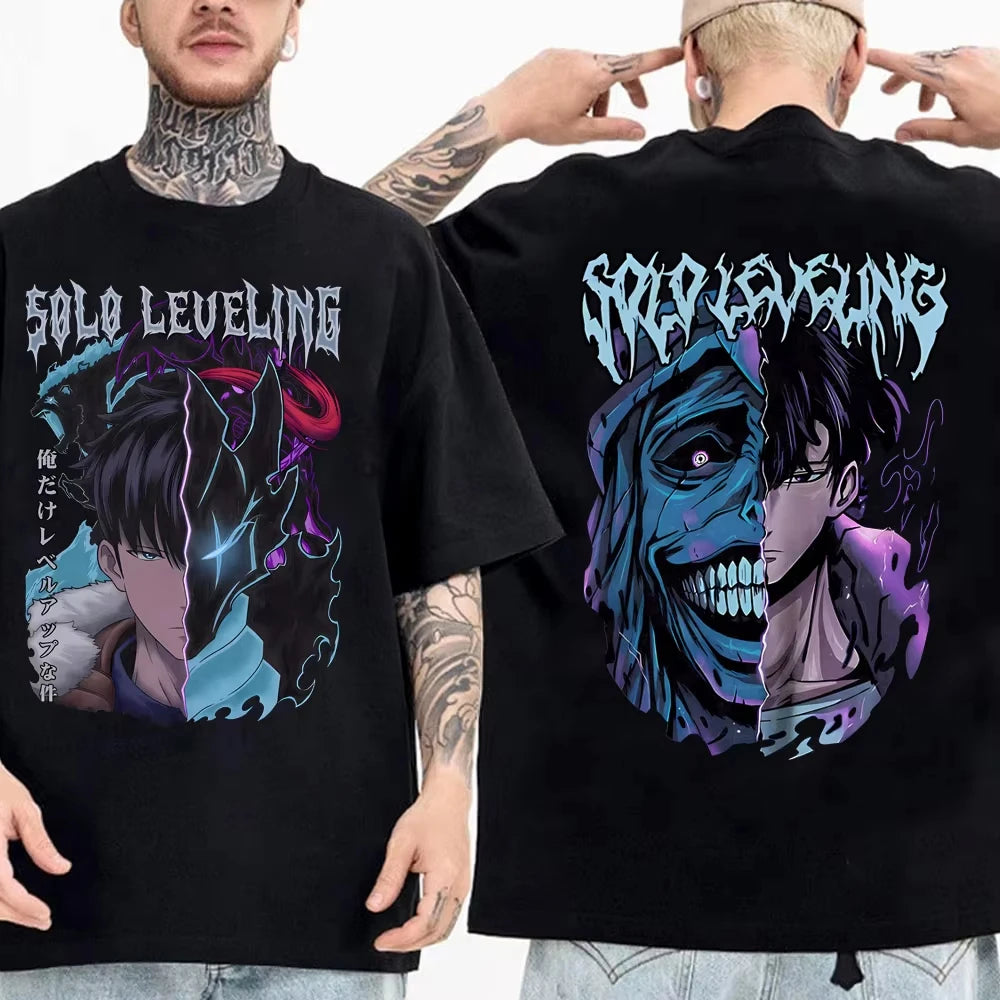 Japanese Anime Solo Leveling Kid T Shirt Sung Jinwoo Cartoon Tees Harajuku Women Short Sleeve High Quality Men Cotton Tshirt