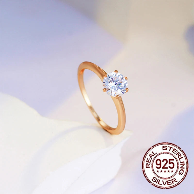 CWWZircons 925 Sterling Silver 1CT Round Cubic Zircon Gold Plated Rings for Women Wedding Band Engagement Party Jewelry SR053