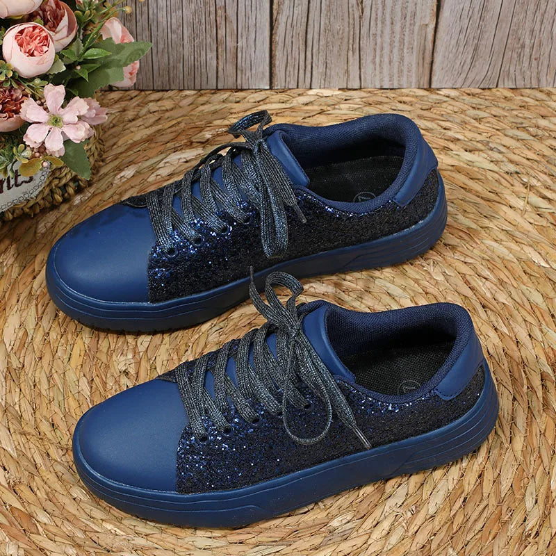 2024 New Women Platform Casual Sneakers Fashion Shiny Rhinestone Flat Shoes for Women Shining Crystal Sneaker Lacing Trend Shoes