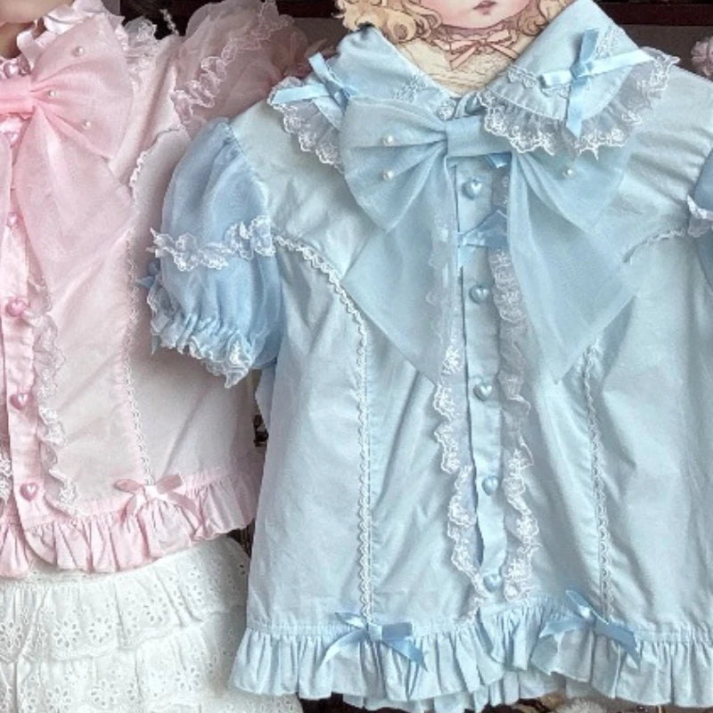 Japanese Vintage Elegant Lolita Shirt Women Classical Sweet Long Sleeve Ruffles Bow Casual Blouses Tops Victorian Gothic Blusas