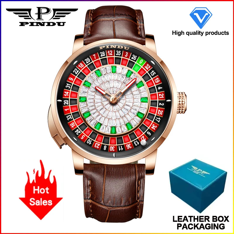 PINDU NEW Rotating dial design Mechanical Watch Men Japan NH35 Movement Sapphire Waterproof leather luxurious Automatic watch