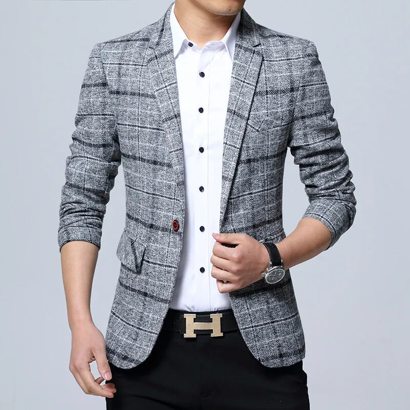 Men's Korean Style Spring Autumn Casual Small Suit Checkered Jacket Fitted Large Size Single Western Wear