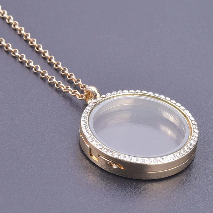 Glass Metal Gold Color Heart Round Water Drop Relicario Photo Locket Necklace Rhinestone Floating Charm O-shaped Chains Necklace