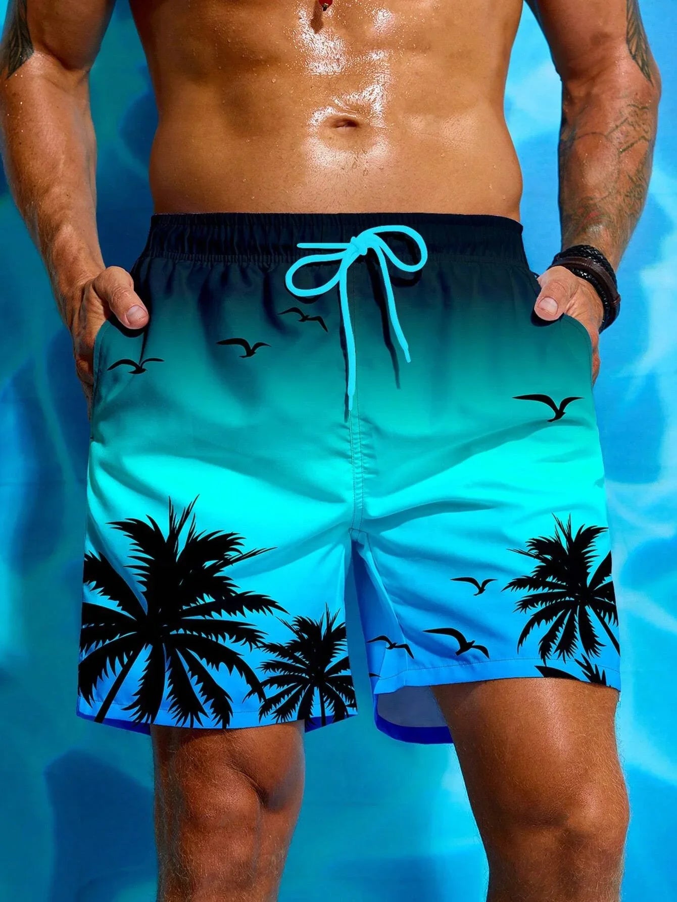 Summer Vacation Men's Palm Tree 3D Print Drawstring Waist Board Shorts Fashion Swim Trunks Print Breathable Short Streetwear
