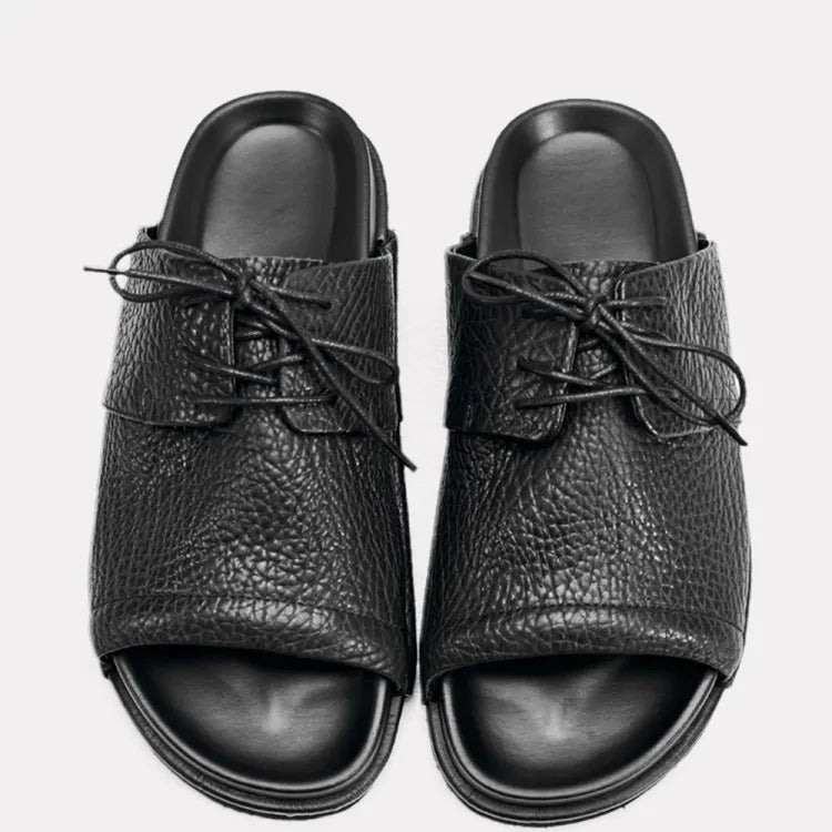 Summer Fashion Mens Lace Up Open Toe Cowhide Genuine Leather Slippers Casual Outside Beach Shoes Rome Flats Soft Platform Slides