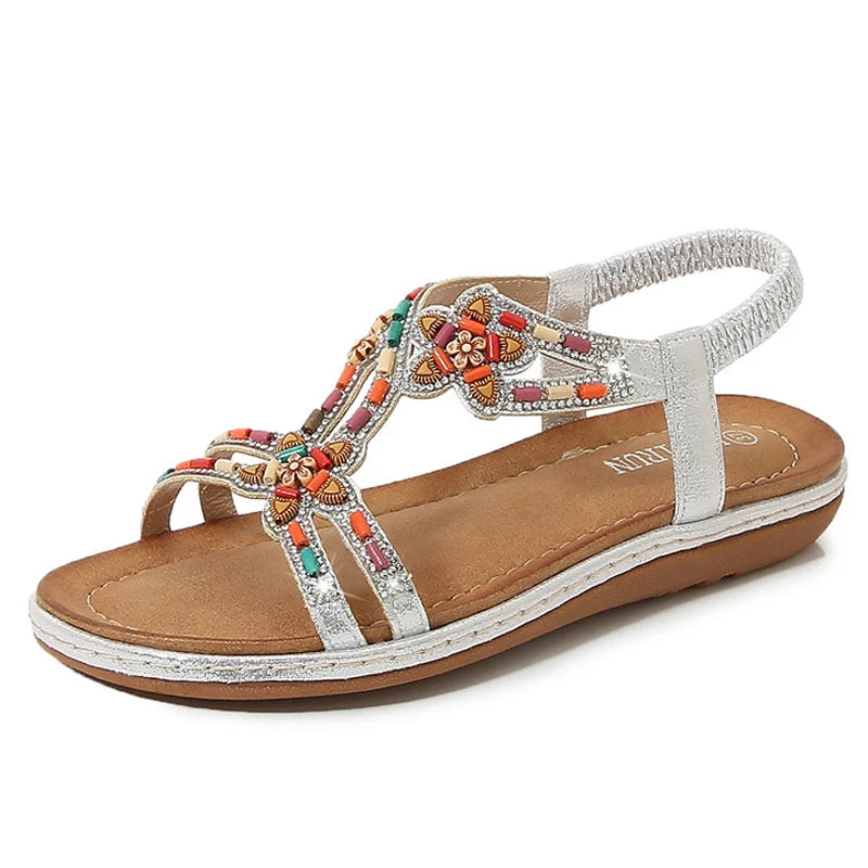 2024 Fashion Summer Bohemian Versatile Fashion Wooden Beads Water Diamond Slope Heels Large Sandals For Women Sandalias Planas