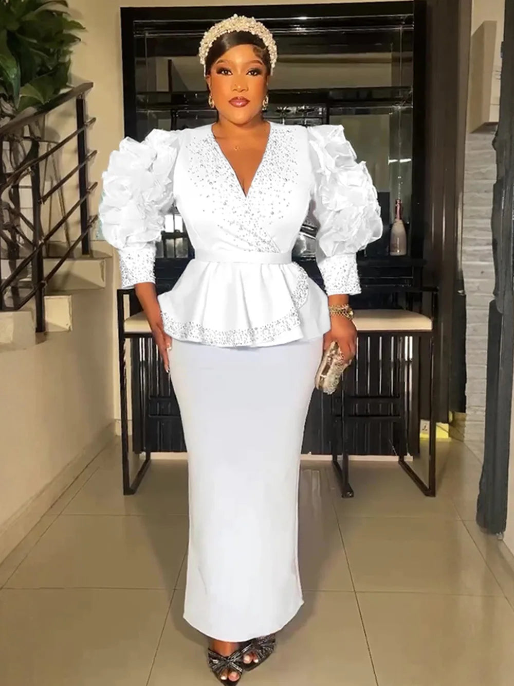 plus Size Women's V-neck Dress Fashionable Banquet Gown with High Waist And Hip Skirt New 2025 Style