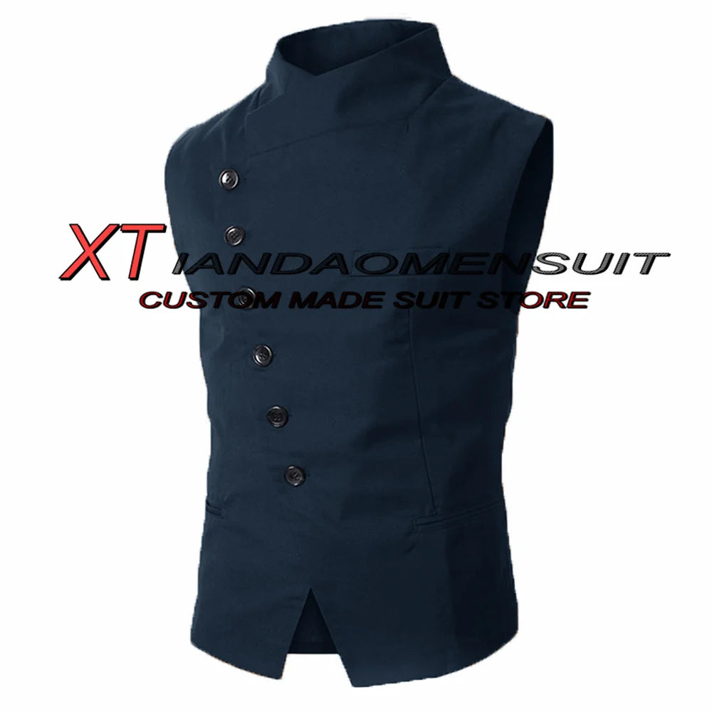 Men's Suit Vest Stand Collar Steampunk Sleeveless Jacket Male Wedding Groom Vests Retro Slim Fit Waistcoat