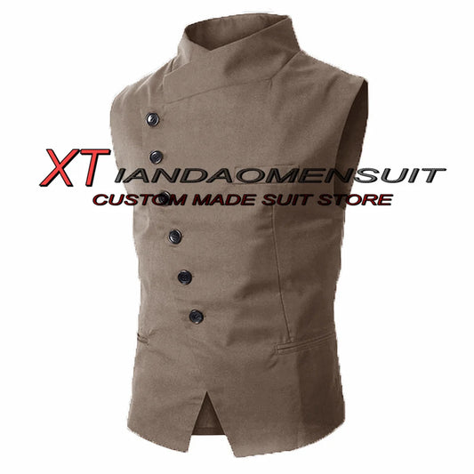 Men's Suit Vest Stand Collar Steampunk Sleeveless Jacket Male Wedding Groom Vests Retro Slim Fit Waistcoat