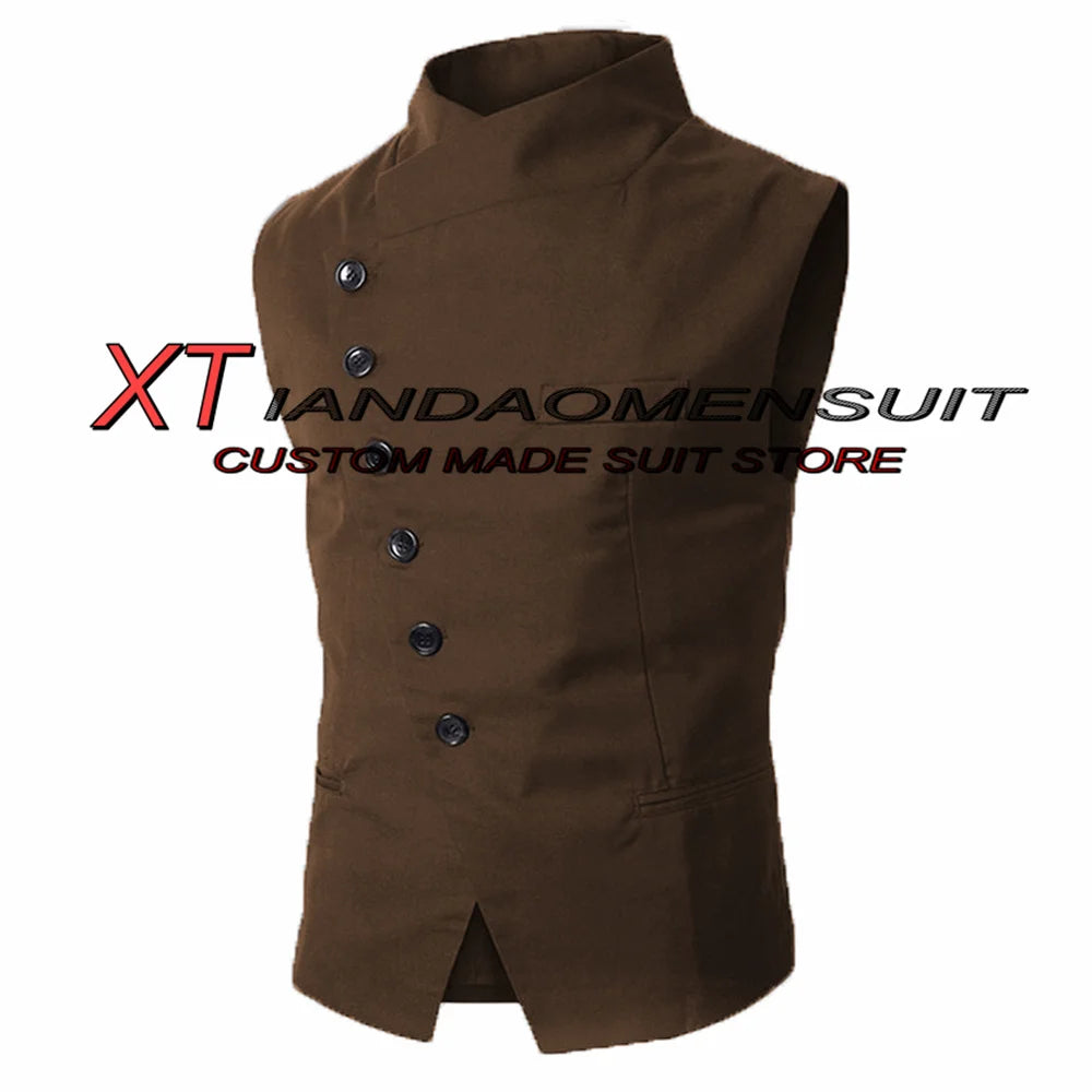Men's Suit Vest Stand Collar Steampunk Sleeveless Jacket Male Wedding Groom Vests Retro Slim Fit Waistcoat