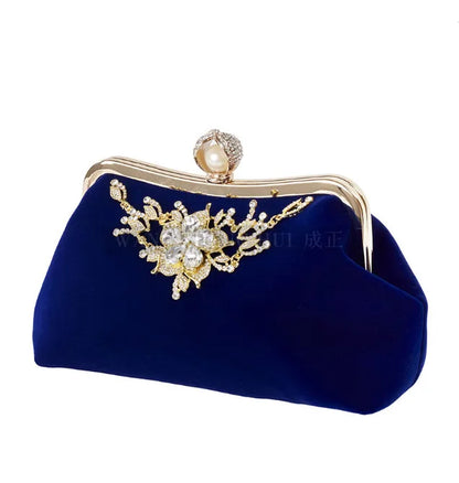 Female Velvet Diamond Pearl Purse Vintage Crystal Velvet Evening Bag Flower Wedding Party Bride Clutch Bag Velvet Purse Handbag