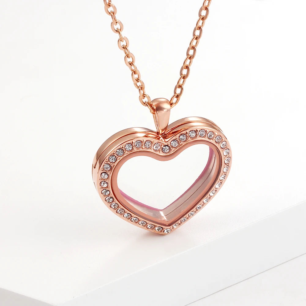 URS 30mm Peach Magnetic Closure Heart 316L Stainless Steel Floating Charm Living Glass Locket 50cm Chain Necklace Pendant