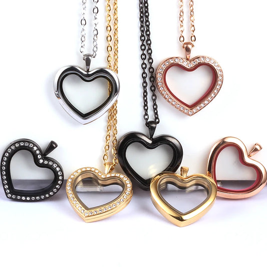 URS 30mm Peach Magnetic Closure Heart 316L Stainless Steel Floating Charm Living Glass Locket 50cm Chain Necklace Pendant
