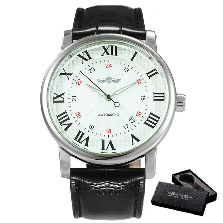 WINNER Automatic Watches Men Brand Luxury Simple Mechanical White Dial Leather Strap Calendar Clock Minimalist Wristwatches