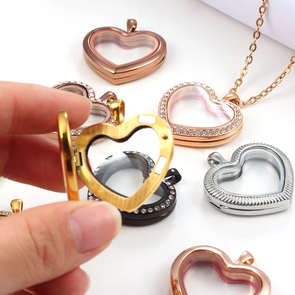 URS 30mm Peach Magnetic Closure Heart 316L Stainless Steel Floating Charm Living Glass Locket 50cm Chain Necklace Pendant