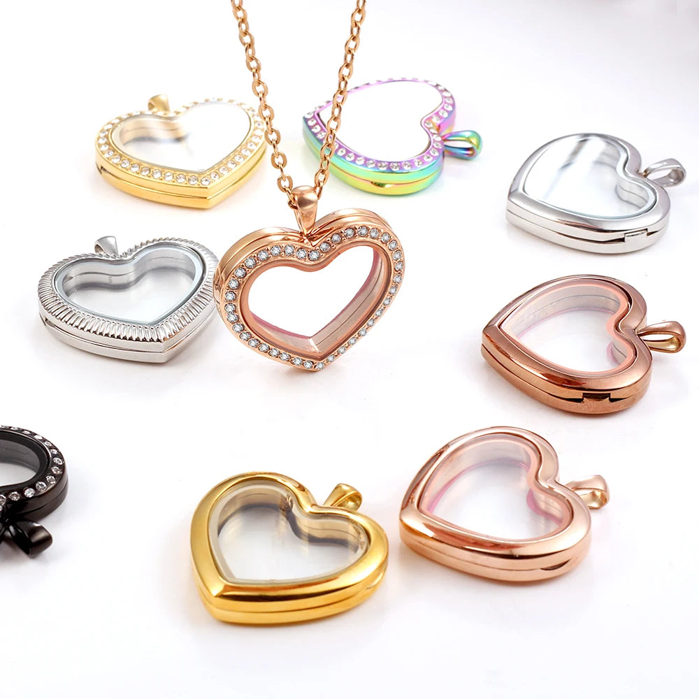 URS 30mm Peach Magnetic Closure Heart 316L Stainless Steel Floating Charm Living Glass Locket 50cm Chain Necklace Pendant