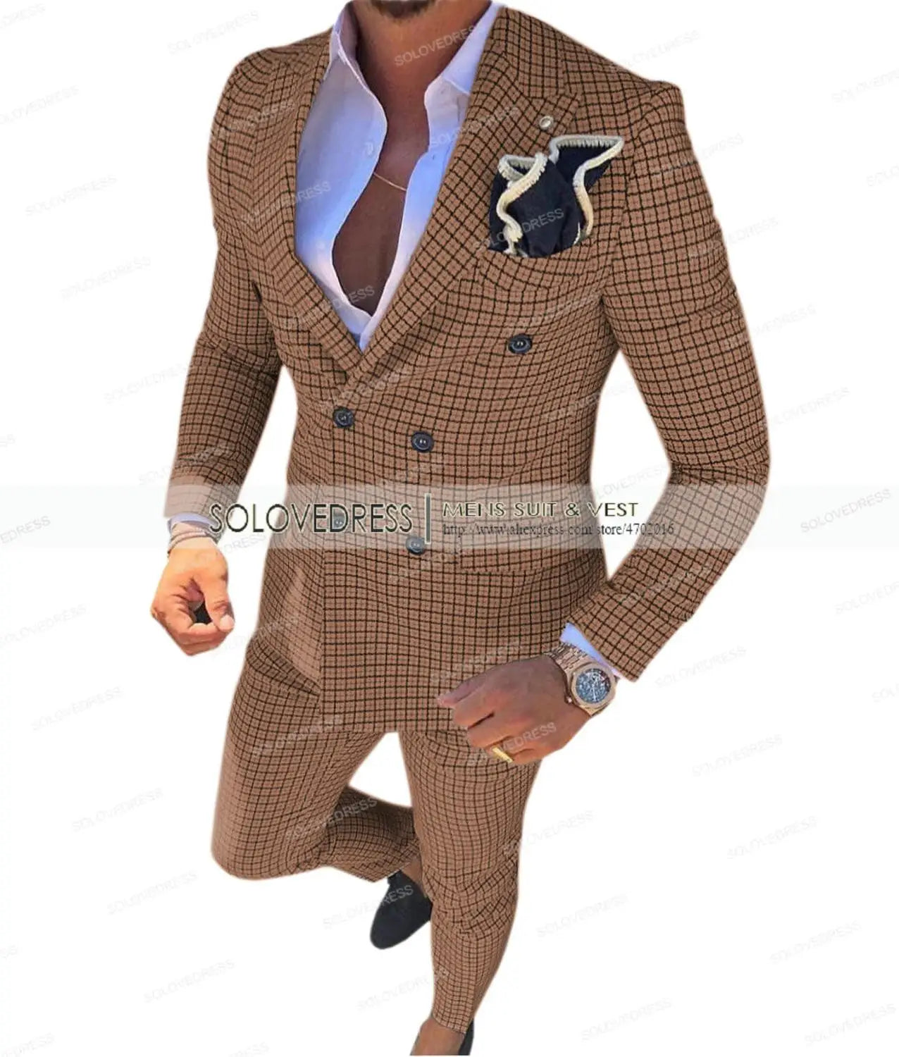 Men's Suit Brown Formal 2 Pieces Slim Fit Double breasted Plaid Soft Wool Tweed Prom Tuxedos Wedding Groomsmen (Blazer+Pants)