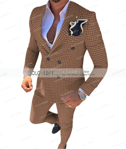Men's Suit Brown Formal 2 Pieces Slim Fit Double breasted Plaid Soft Wool Tweed Prom Tuxedos Wedding Groomsmen (Blazer+Pants)