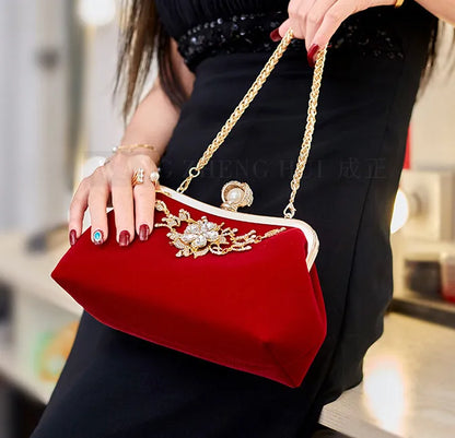 Female Velvet Diamond Pearl Purse Vintage Crystal Velvet Evening Bag Flower Wedding Party Bride Clutch Bag Velvet Purse Handbag