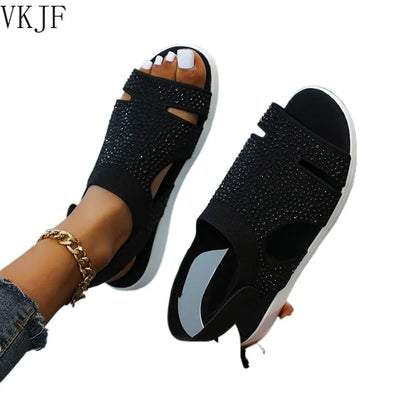 2023 New Summer Women Sandals Sexy Shoes Crystal Casual Woman Flats Buckle Strap Ladies Fashion Beach Shoe Big size 36-43