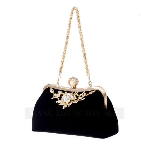 Female Velvet Diamond Pearl Purse Vintage Crystal Velvet Evening Bag Flower Wedding Party Bride Clutch Bag Velvet Purse Handbag