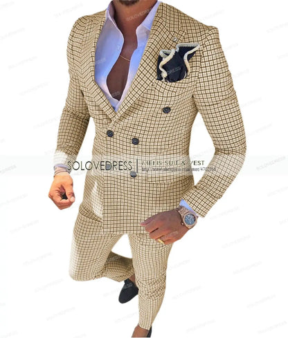 Men's Suit Brown Formal 2 Pieces Slim Fit Double breasted Plaid Soft Wool Tweed Prom Tuxedos Wedding Groomsmen (Blazer+Pants)