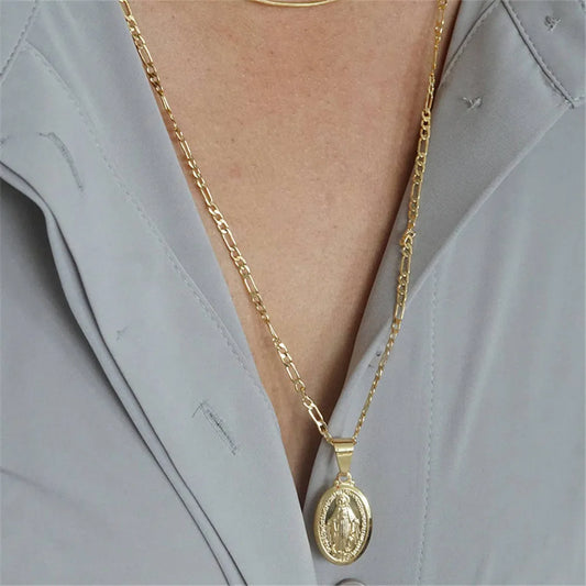 Gold Color Medallion Virgin Mary Coin Necklace For Women Men Long Layer Religion Pendants Necklaces Fashion Jewelry A061