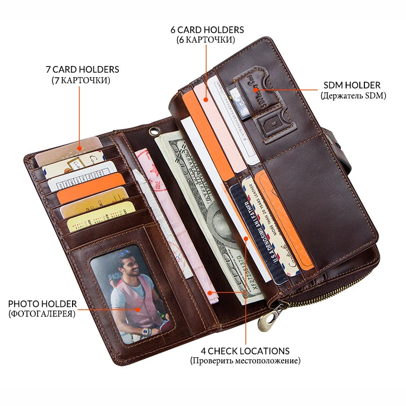 Men Clutch Wallets Casual Genuine Leather Long Wallet Zipper Coin Purse With Card Holder Large Capacity For Cell phones Engraved