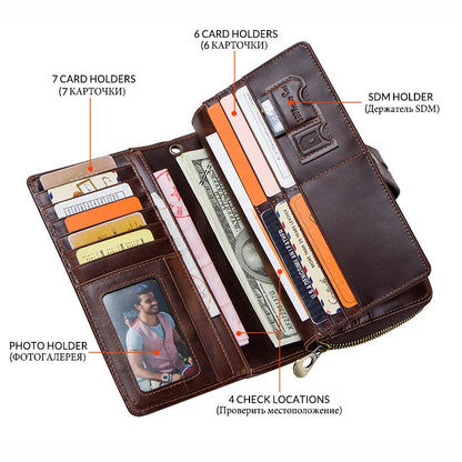 Men Clutch Wallets Casual Genuine Leather Long Wallet Zipper Coin Purse With Card Holder Large Capacity For Cell phones Engraved