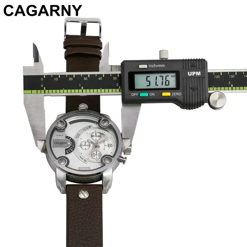 Cagarny Brand Quartz-Watch Men Casual Men's Watches Sport Quartz Wrist Military Watch Man Dual Time Zone Clock Leather Watchband