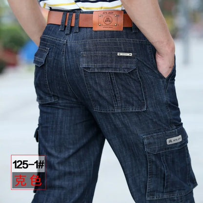 Men's Military Jeans Pants Workwear Multi-Pockets Cargo Jeans Straight Motorcycle Denim Pants Casual Biker Long Trousers