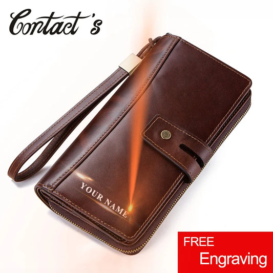 Men Clutch Wallets Casual Genuine Leather Long Wallet Zipper Coin Purse With Card Holder Large Capacity For Cell phones Engraved