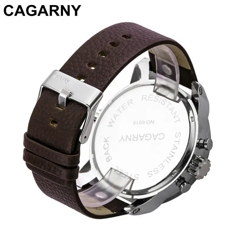 Cagarny Brand Quartz-Watch Men Casual Men's Watches Sport Quartz Wrist Military Watch Man Dual Time Zone Clock Leather Watchband