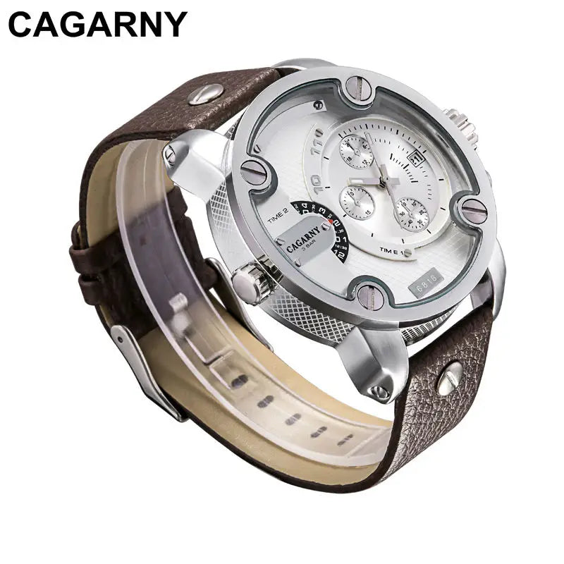 Cagarny Brand Quartz-Watch Men Casual Men's Watches Sport Quartz Wrist Military Watch Man Dual Time Zone Clock Leather Watchband