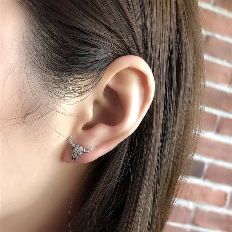 MKENDN 100% S925 Sterling Silver Men Women Sheep Head Skeleton Stud Earring Gothic Style Pubk Dark Style Ear Jewelry